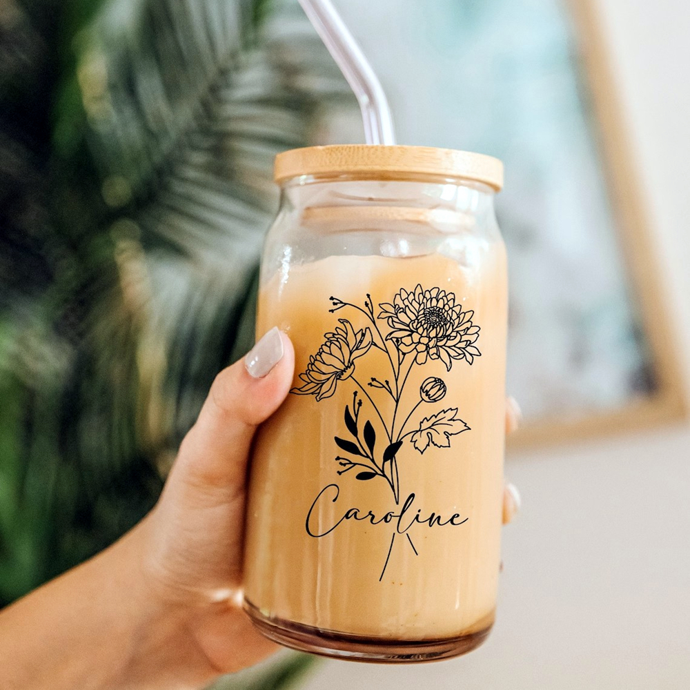 Tasse à café glacée de fleur de naissance personnalisée, verre de